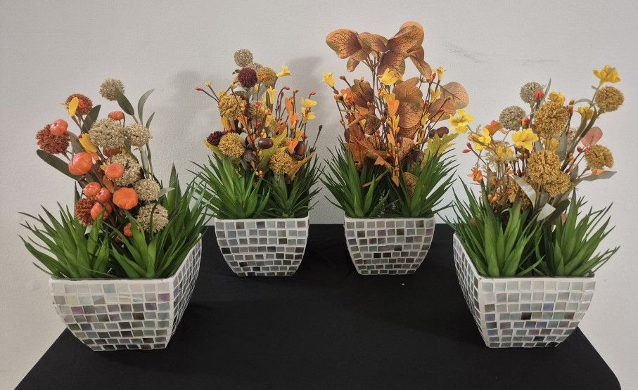 Mosaic Glass Planters filled with Faux Autumn Flowers & Succulents in Epoxy @ Lasting Creations