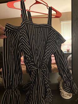 Black White Striped Cold Shoulder Wrap Dress