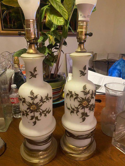 Vintage Frosted Glass Lamps With Raised Gilt Flower Motif