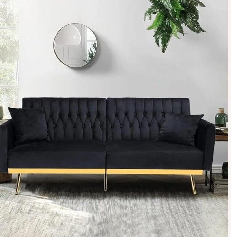 Plush Black Velvet Convertible Sofa