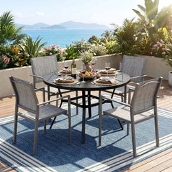 Patio Dining Set one table with  4pcs Chairs , Metal Frame & Armrest, Outdoor Stackable Dining Furniture, All Weather for Garden, Backyard, Deck, Lawn
