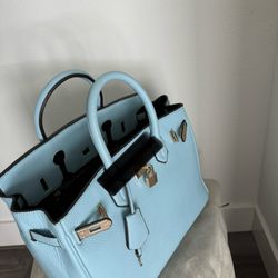Handbag, Light Blue, With Gold Lock and Key