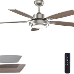 52 Inch Nickel Ceiling Fans with Lights and Remote Control for Bedroom, Modern Ceiling Fan with Quiet Reversible DC Motor, 3CCT, Dimmable, LED for Liv