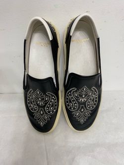 Saint Laurent Black Leather Slip-On Sneakers with Silver Stud Detailing. Size 38