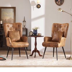Set of 2 Wingback Chair, Accent Chair with Pillow and Arm, Vintage Comfy Upholstered Reading Chair for Living Room, Bedroom, Dining Room(Vintage Brown