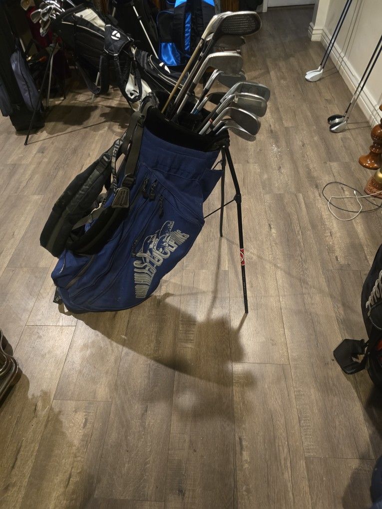 13 GOLF CLUBS WITH PING STANDBAG