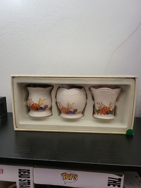 NIB Lenox Pumpkin Fall Votives Set Of 3 W/ Tea Light Candles