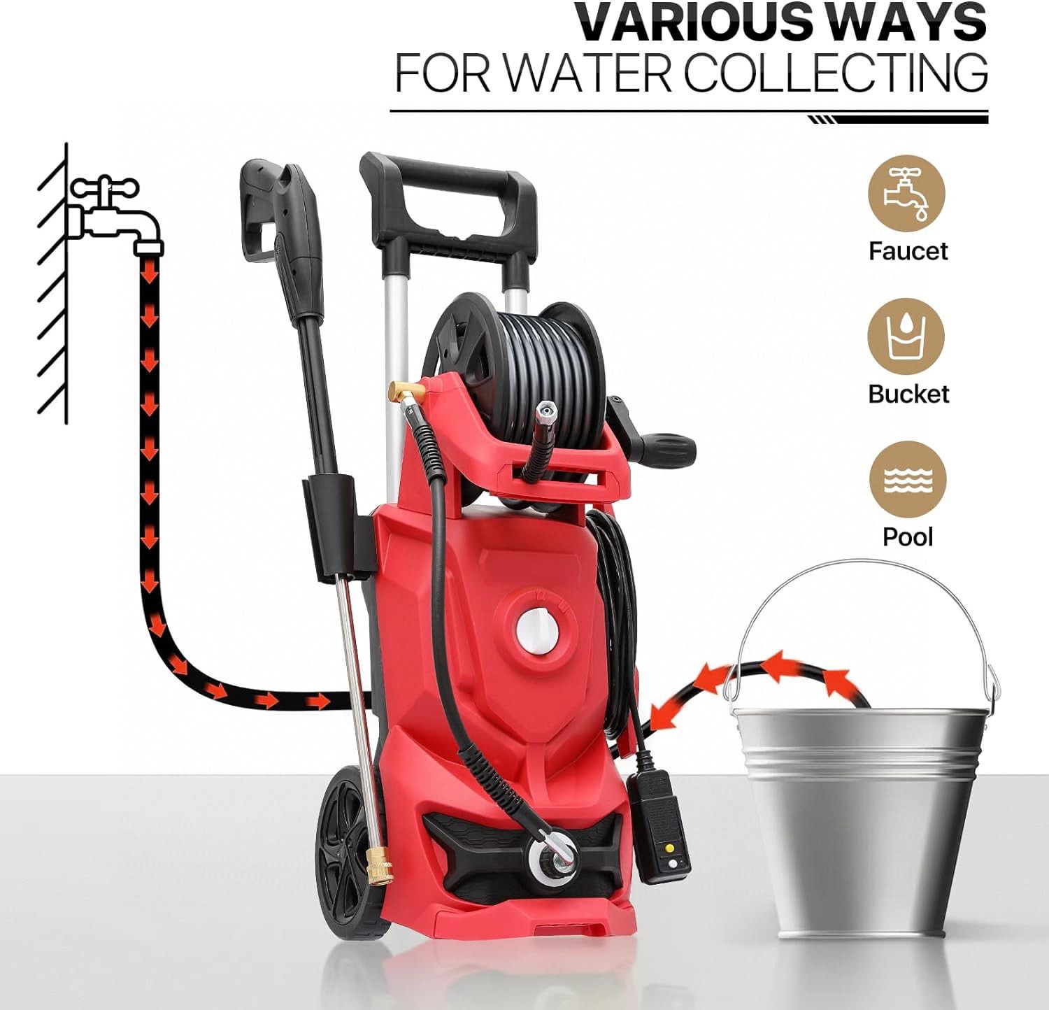 Electric Pressure Washers - Portable Power Washer for Driveways with Foam Tank, Quick-Connect Nozzles, Cable, and Hose Included, Red