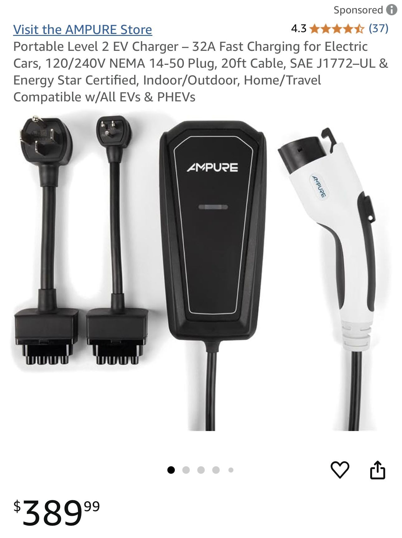 Portable Level 2 EV Charger – 32A Fast Charging for Electric Cars, 120/240V NEMA 14-50 Plug, 20ft Cable, SAE J1772–UL & Energy Star Certified, Indoor/