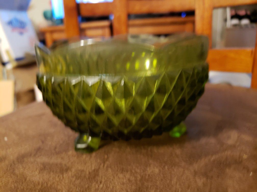 Vintage green glass candy or serving bowl with feet