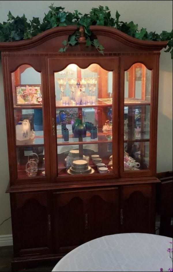 Lighted Antique China Cabinet, Hutch, 2 Piece Buffet ...