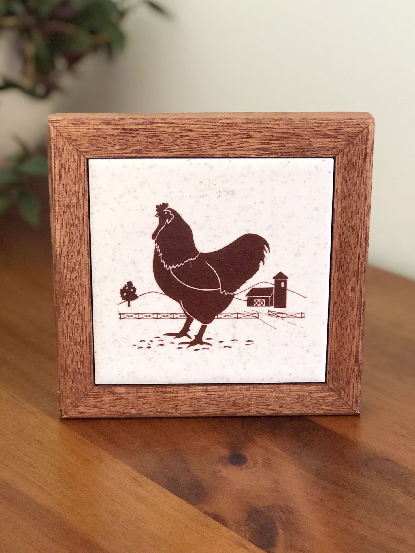 Wood framed tile trivet with rooster / 5.5”x5.5”