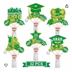 Crtiin 32 Pcs Graduation Party Decorations Graduation Centerpiece Sticks Green And Gold