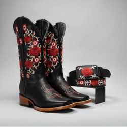 Black Leather Western Boots w/ Red Rose Embroidery + Matching Belt