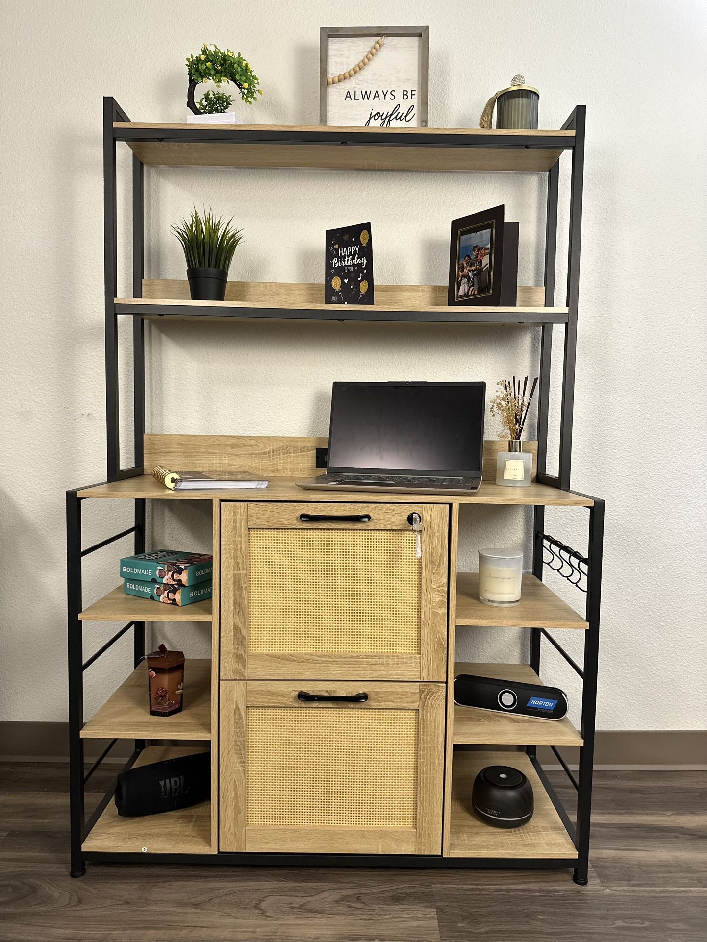 Natural Rustic File Cabinet, 2 Drawer Filing Cabinet, Fits Legal/Letter/A4 Size, 6 Layer Open Storage Shelves, Power Strip & USB Ports, Home Office