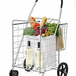 Utility Shopping Cart Foldable Jumbo Basket Outdoor Grocery Laundry Silver