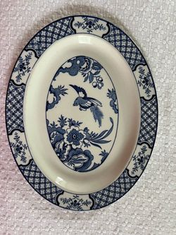 Vintage blue & white Wood & Son Yuan oval plate, made in England