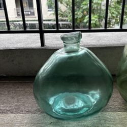 Vintage Green Glass Vases / Demijohn Bottles
