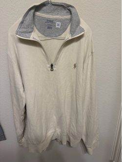 Polo by Ralph Lauren Men’s Cream Half-Zip Sweater with Gray Trim Medium