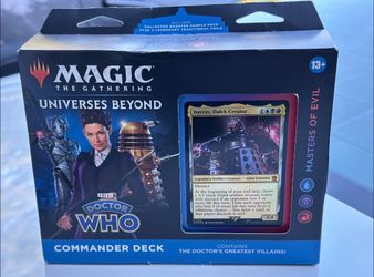 Magic: The Gathering Doctor Who Commander Deck - Masters of Evil (100-Card Deck, 2-Card Collector Booster Sample Pack + Accessories)