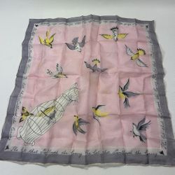 Vintage Scarf The Cat That Swallowed The Canary Bird Pink Grey Hand Rolled Edges