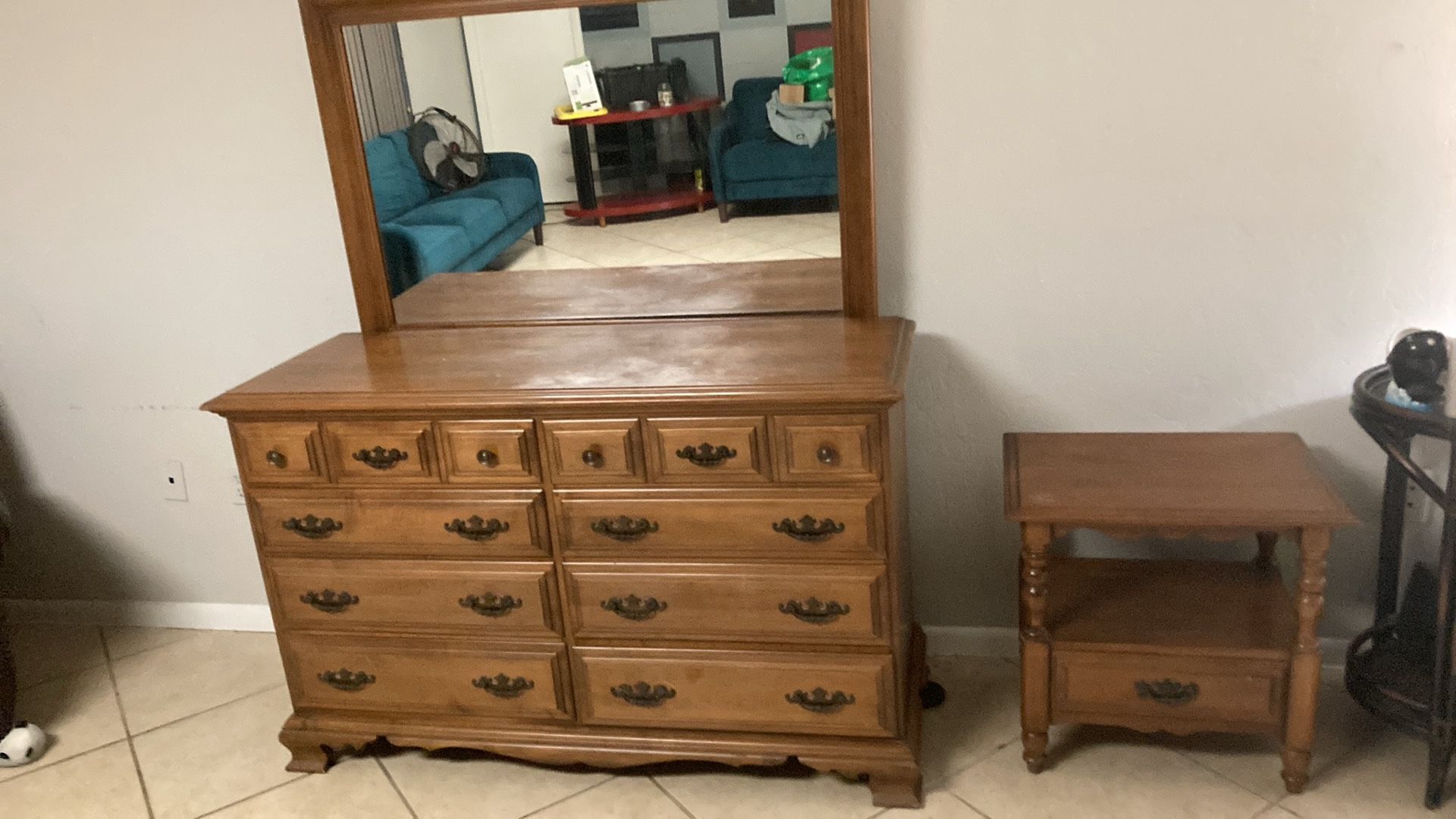 Antique Wooden Dresser, Mirror (removable) And Nightstand