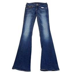 True Religion Joey Super Flared Jeans Women 24x32 Dark Blue Wash Thick Stitch