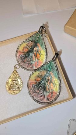 Asian Tiger Thread Earrings & Thai Buddha Monk Amulet Pendant Gift Set