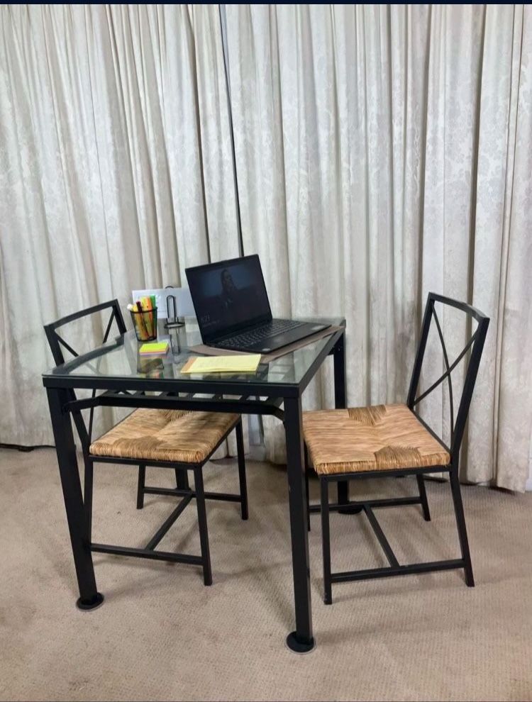 Glass & Iron Compact Dining Table & 2 Chairs IDEAL FOR STUDIO!