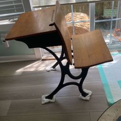 Solid Oak & Cast Iron Antique School Desk