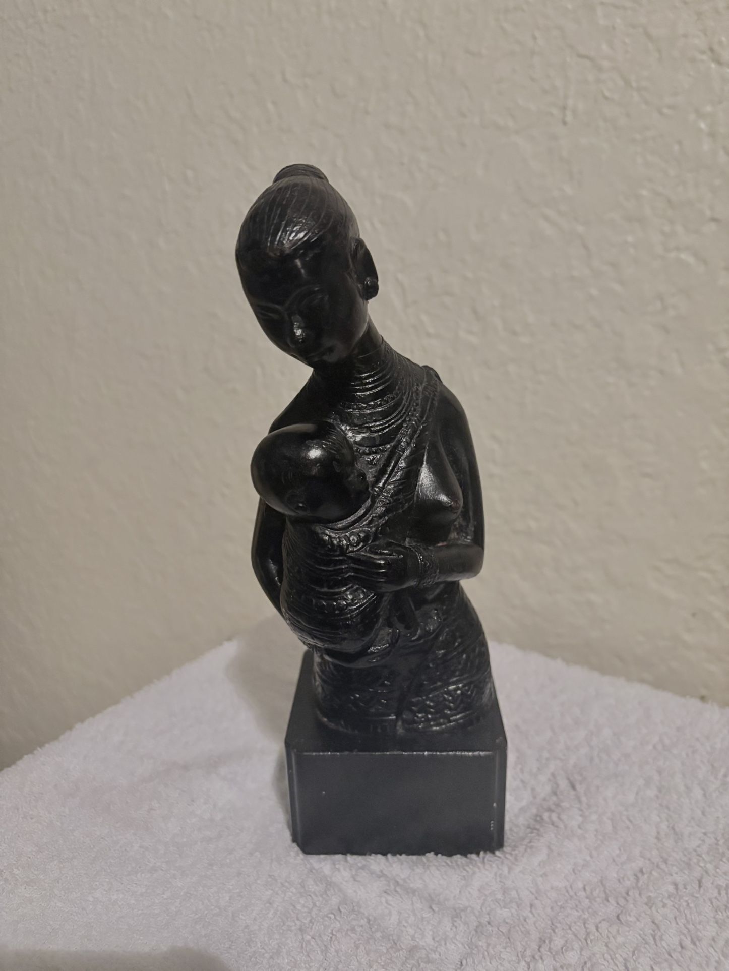 Antique Mother and Child Statue, Cast Iron on Wood
