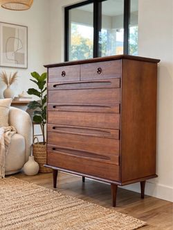 1960s American of Martinsville MCM Walnut Highboy Dresser – 6 Drawers