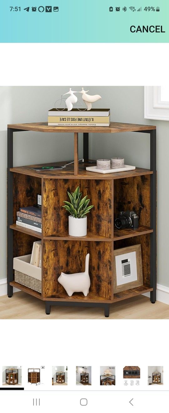 Corner Cabinet, Corner Cube Storage, Corner Bookshelf with Charging Station, Rustic Corner Shelf for Living Room, Bedroom, 2USB Ports and 3 Outlets, R