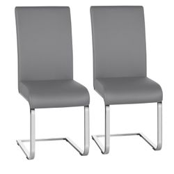 2pcs Armless PU Leather Dining Chairs With Metal Legs, Light Gray
