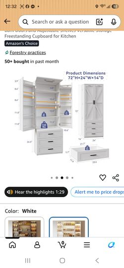 White Barn Door Freestanding Kitchen Cupboard 72"H