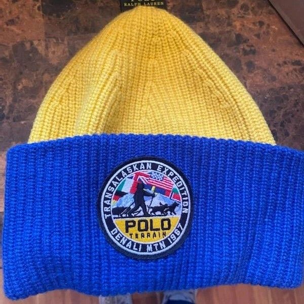 Polo Terrain Ralph Lauren Hi Tech Yellow/Blue Knit Cuffed Hat NWOT