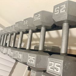 Set Of Cast Iron Hex Dumbbells From 5 To 25 Pounds.