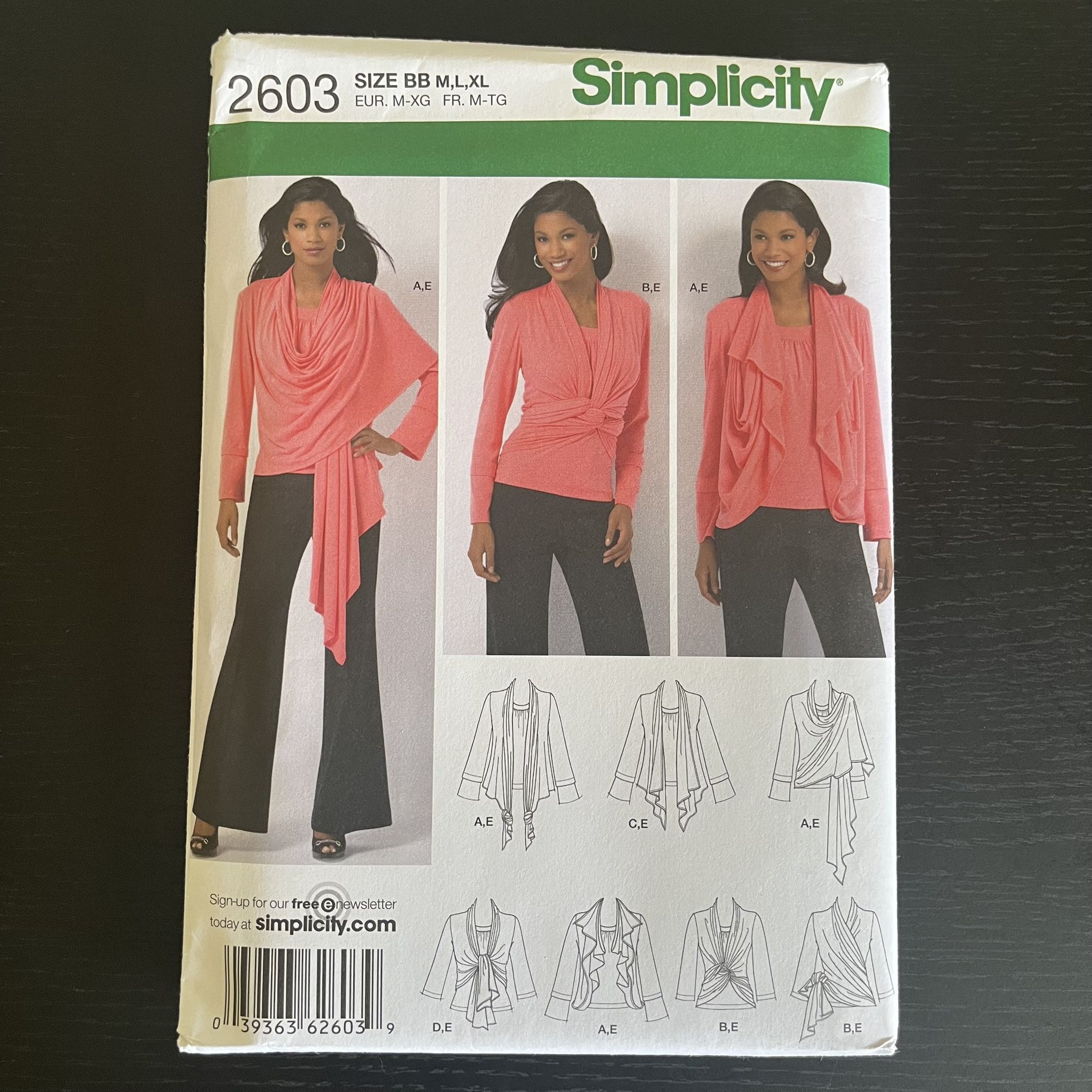 Simplicity Sewing Pattern 2603 Size M L XL 2009 Knit Top Wrap