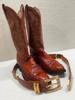 Dan Post Ostrich Cowboy Boots Men's 9.5 D Cognac + Belt