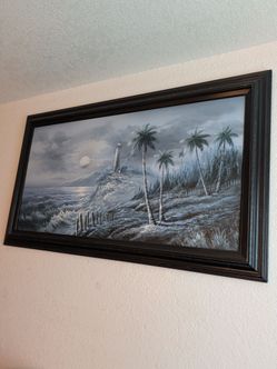 Framed Coastal Lighthouse Oil Painting