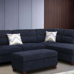 103.5"W Black Fabric Sectional Sofa with Right Facing Chaise, Storage Ottoman, and 2 Accent Pillows