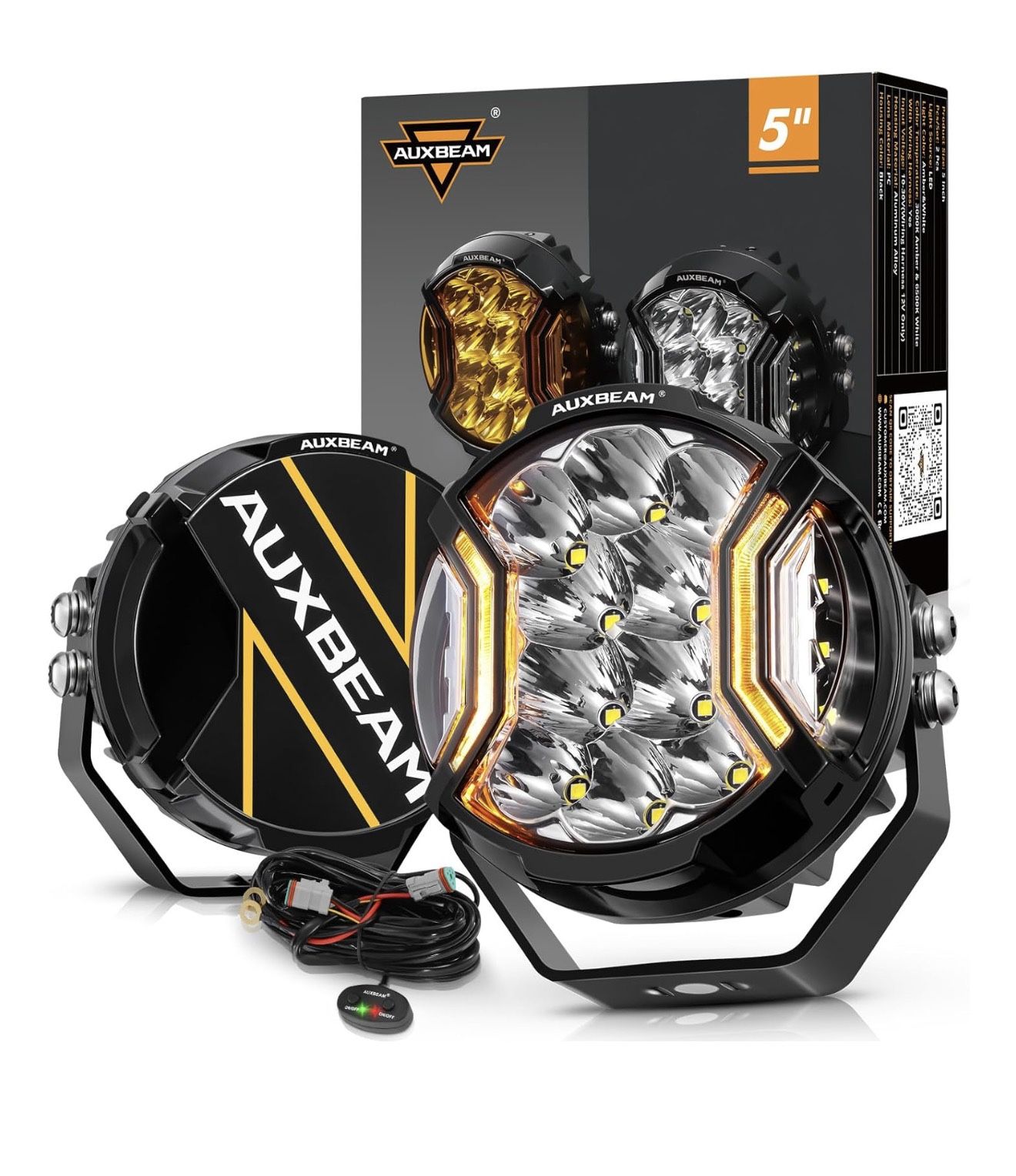 Auxbeam V-Ultra Series Side Shooter Light Bar, 5Inch 172W Round Offroad Lights LED Pods 20400LM, Amber DRL & Spotlight Dual Color 270° Wider Off Road