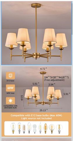 Gold Chandelier with Shades 6 Light Ceiling Light Fixture with Linen Fabric Farmhouse Pendant Lights for Bedroom Kitchen Dining Room Living Room Foyer
