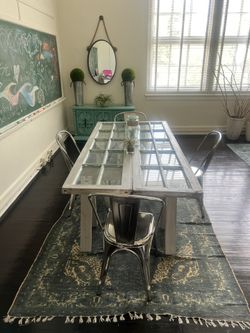 Vintage Chalk Painted Antique French Door Dining Table With 4 Bistro Chairs
