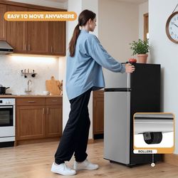 New 4.5 Cu Double Door Refrigerator with Freezer, Mini Fridge for Bedroom, Office, Dorm and Apartment, Small Compact Refrigerators with Wheels, Low No