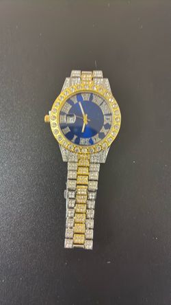 Iced Out Two-Tone Watch Blue Dial