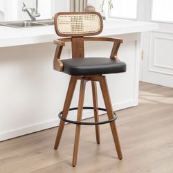 Swivel Counter Height Bar Stool – Cane Back Kitchen Island Stool w/ Faux Leather Seat