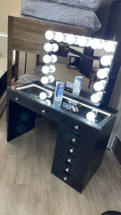 Black Vanity Desk And Black Bluetooth Mirro