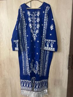 Women’s blue color cotton Lown embroidered fancy styles 3 pieces Chafoon Dopata