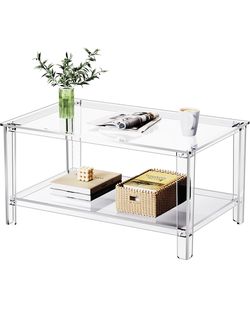 Acrylic Coffee Table with Storage Shelf,Rectangle Living Room 2-Tier Center Table for Small Spaces (Rectangle, Clear, Nomal)
